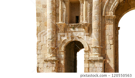 Arch of Hadrian in Gerasa (Jerash)-- was built to honor the visit of emperor Hadrian to Jerash in 129/130 AD, Jordan. Carved on white background 120550563