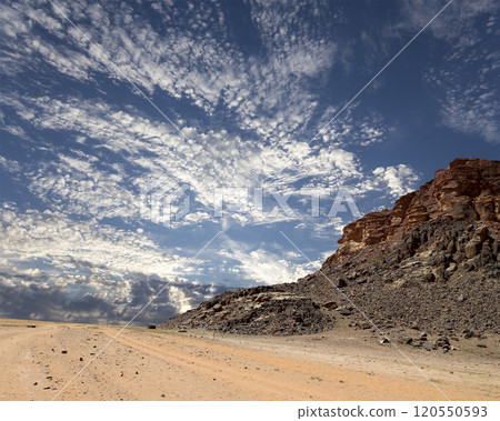 Mountains of Wadi Rum Desert also known as The Valley of the Moon is a valley cut into the sandstone and granite rock in southern Jordan 60 km to the east of Aqaba 120550593