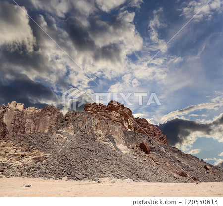 Mountains of Wadi Rum Desert also known as The Valley of the Moon is a valley cut into the sandstone and granite rock in southern Jordan 60 km to the east of Aqaba 120550613