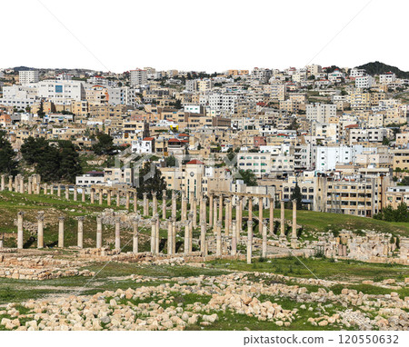Roman ruins (carved on white background) in the Jordanian city of Jerash (Gerasa of Antiquity), capital and largest city of Jerash Governorate, Jordan Roman ruins (carved on white background) in the Jordanian city of Jerash (Gerasa of Antiquity), capital and largest city of Jerash Governorate, Jordan 120550632