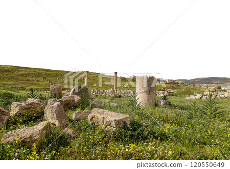 Roman ruins (carved on white background) in the Jordanian city of Jerash (Gerasa of Antiquity), capital and largest city of Jerash Governorate, Jordan Roman ruins (carved on white background) in the Jordanian city of Jerash (Gerasa of Antiquity), capital and largest city of Jerash Governorate, Jordan 120550649
