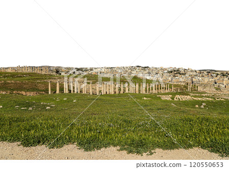 Roman ruins (carved on white background) in the Jordanian city of Jerash (Gerasa of Antiquity), capital and largest city of Jerash Governorate, Jordan Roman ruins (carved on white background) in the Jordanian city of Jerash (Gerasa of Antiquity), capital and largest city of Jerash Governorate, Jordan 120550653
