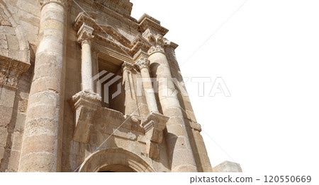 Arch of Hadrian in Gerasa (Jerash)-- was built to honor the visit of emperor Hadrian to Jerash in 129/130 AD, Jordan. Carved on white background Arch of Hadrian in Gerasa (Jerash)-- was built to honor the visit of emperor Hadrian to Jerash in 129/130 AD, Jordan. Carved on white background 120550669