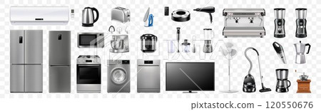 A set of household appliances: microwave oven, washing machine, refrigerator, vacuum cleaner, multicooker, food processor, blender, iron, juicer blender, toaster. Realistic 3D vector, isolated 120550676