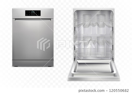 Dishwashing machine with open, closed door, isolated on white background. Smart home appliance concept. Front view. Digital display. Silver color. Realistic 3d Vector illustration. 120550682