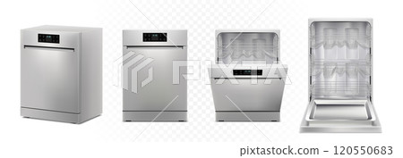 Dishwashing machine with open, closed door, isolated on white background. Smart home appliance concept. Front view. Digital display. Silver color. Realistic 3d Vector illustration. 120550683