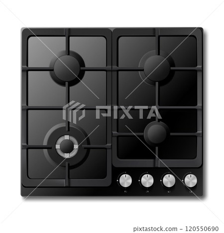 Gas cooking surface, 3d realistic vector kitchen appliance, cooktop, Surface of black gas hob isolated on white background 120550690