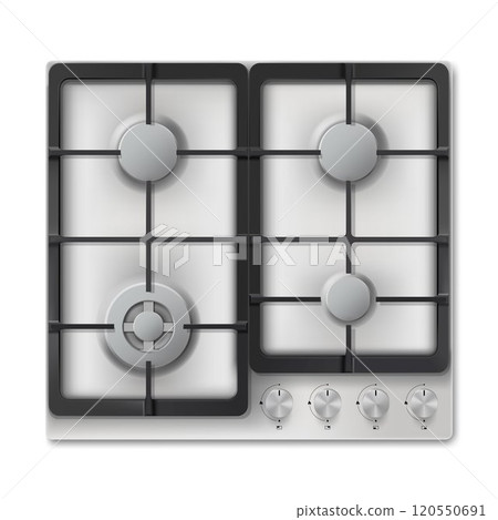 Gas cooking surface, 3d realistic vector kitchen appliance, cooktop, White Gas Hob Stove isolated on white background 120550691