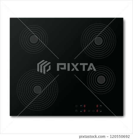 Electric stove induction cooktop with four power boost burners. Domestic equipment. Realistic smooth surface ceramic black glass. Electric hob. Top view. Home appliance. Vector illustration Electric stove induction cooktop with four power boost burners. Domestic equipment. Realistic smooth surface ceramic black glass. Electric hob. Top view. Home appliance. Vector illustration 120550692
