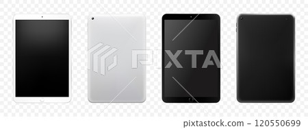 Tablet mockup set, Isolated On White. Black tablet and white colour tablet. Front and back view. Realistic 3d Vector illustration. Can use for object application demo. Can use for web. Tablet mockup set, Isolated On White. Black tablet and white colour tablet. Front and back view. Realistic 3d Vector illustration. Can use for object application demo. Can use for web. 120550699