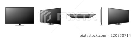 LCD TV screen isolated on white background. Black television panel. Realistic 3D blank LED smart hdtv display with mat texture surface. Top, Front, Side view of monitor. Tv mockup model. Vector 120550714