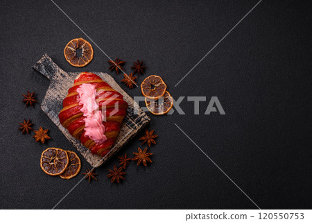 Crispy fresh red croissant with cream and strawberries Crispy fresh red croissant with cream and strawberries 120550753