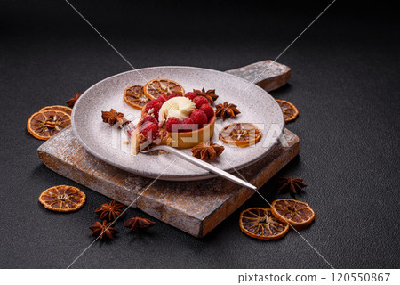 Sweet tartlet with raspberries and cream Sweet tartlet with raspberries and cream 120550867