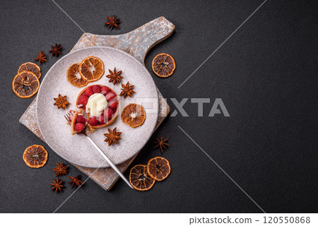 Sweet tartlet with raspberries and cream Sweet tartlet with raspberries and cream 120550868