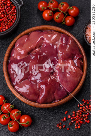 Fresh raw chicken or beef liver with salt, spices and herbs 120551280