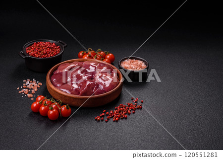 Fresh raw chicken or beef liver with salt, spices and herbs 120551281