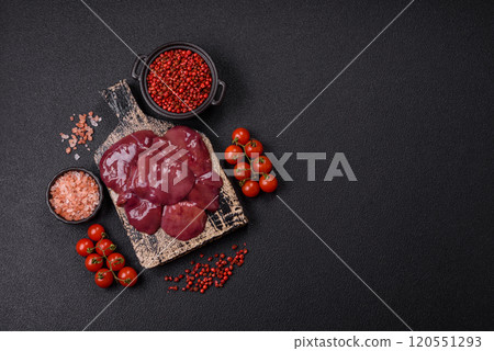 Fresh raw chicken or beef liver with salt, spices and herbs 120551293