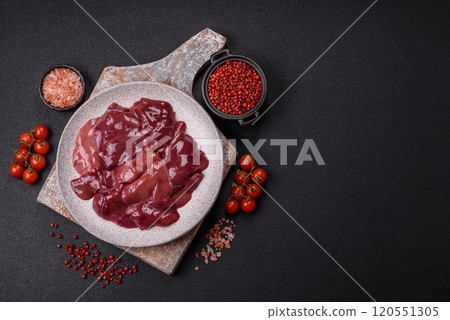Fresh raw chicken or beef liver with salt, spices and herbs 120551305