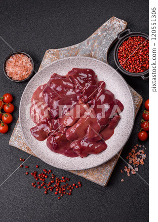 Fresh raw chicken or beef liver with salt, spices and herbs 120551306