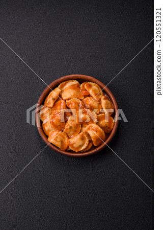 Ravioli with meat or vegetarian with ricotta, salt and spices 120551321