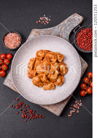 Ravioli with meat or vegetarian with ricotta, salt and spices 120551353
