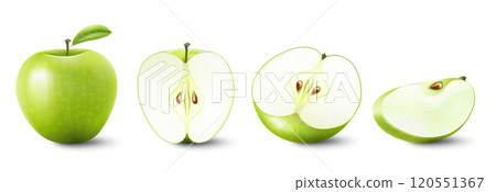 Set of isolated colored green apple half, slice and whole juicy fruit on white background. Realistic 3d vector fruit collection. 120551367