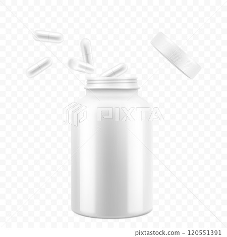 Opened medical pill bottle with falling pills, realistic 3d vector object with place for text. Mock Up Template of medicine package for pills, capsule, drugs, isolated on white background 120551391