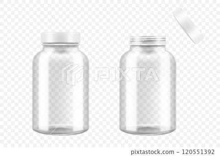 Open and closed glass medical pill bottle, 3d realistic vector illustration. Mock Up Template set of drugs for pills, capsules, medicines isolated on white background 120551392
