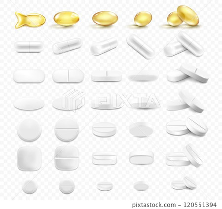 Medical pills and capsules set, isolated on a transparent background. Realistic 3d vector icons. Vitamins and antibiotics capsule, shiny golden yellow fish oil tablets. Pharmaceutical painkiller Medical pills and capsules set, isolated on a transparent background. Realistic 3d vector icons. Vitamins and antibiotics capsule, shiny golden yellow fish oil tablets. Pharmaceutical painkiller 120551394