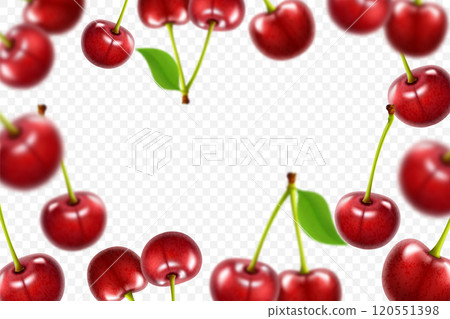 Flying red cherry background. Realistic 3d quality vector. Collection set of Cherries isolated on a white background 120551398