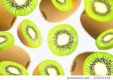 3D realistic kiwi background. Ripe kiwi fruit in motion. Flying defocusing kiwi fruits. Falling kiwi are whole and cut in half. Vector illustration, isolated on transparent background. 3D realistic kiwi background. Ripe kiwi fruit in motion. Flying defocusing kiwi fruits. Falling kiwi are whole and cut in half. Vector illustration, isolated on transparent background. 120551430
