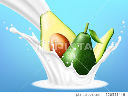 Flowing milk splash with avocado fruits vector 3d realistic ilusstration 120551446
