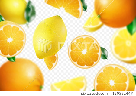 3D realistic citrus background with flying oranges and lemons, with blur effect. Falling lemon and orange fruits are whole and cut in half, isolated on a transparent background ,vector illustration 3D realistic citrus background with flying oranges and lemons, with blur effect. Falling lemon and orange fruits are whole and cut in half, isolated on a transparent background ,vector illustration 120551447