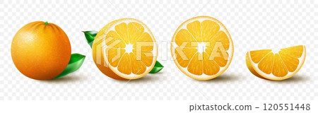 Fresh orange fruit set, juicy orange with leaves, half, slice, and whole fruit, isolated on white background. Realistic 3d vector illustration Fresh orange fruit set, juicy orange with leaves, half, slice, and whole fruit, isolated on white background. Realistic 3d vector illustration 120551448