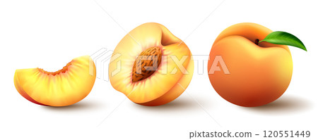 Realistic fresh peaches isolated on white background. Bright vector set of colorful half, slice and whole of juicy peach. Juice or jam logotype. 3d vector illustration Realistic fresh peaches isolated on white background. Bright vector set of colorful half, slice and whole of juicy peach. Juice or jam logotype. 3d vector illustration 120551449
