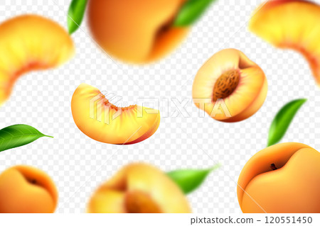 Flying peaches on white background. Vector 3d realistic illustration with blur effect Flying peaches on white background. Vector 3d realistic illustration with blur effect 120551450