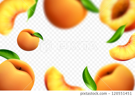 Flying peaches on white background. Vector 3d realistic illustration with blur effect Flying peaches on white background. Vector 3d realistic illustration with blur effect 120551451