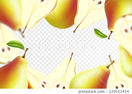 Fruit background. Realistic 3d flying pears. Whole and pieces of juicy product with leaves. health food poster. Focused and blurry objects. Vegetarian nutrition. Ripe crop 120551454