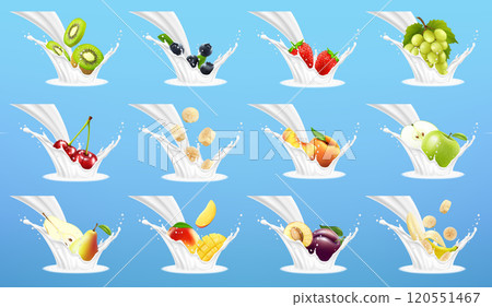 Big collection of fruits in milk splash. Strawberry, banana, peach, pear, mango, apple, kiwi, avocado, sweet cherry, cherry, plum, blueberry. Vector 3d realistic set 120551467