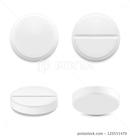 Realistic round pills and capsules mockup style. The concept of medicine and health, isolated on white background. 3d vector illustration. Can be used for medical and cosmetic. 120551470