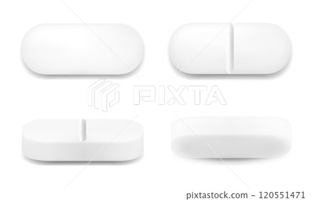 Realistic oval pills isolated on white background. Can be used for medical and cosmetic. 3d vector illustration, Isolated on white background. 120551471