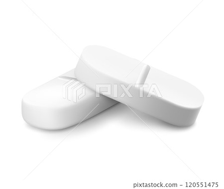 Realistic oval pills isolated on white background. Can be used for medical and cosmetic. 3d vector illustration, Isolated on white background. 120551475