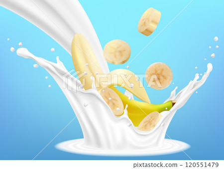 Banana with milk or yogurt splashes and drops. Realistic 3d vector illustration, isolated on blue background. Ready to use for your design. 120551479