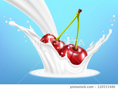 Ripe red cherries fruits falling into the milky or yogurt splashes. Realistic 3d Vector illustration 120551480