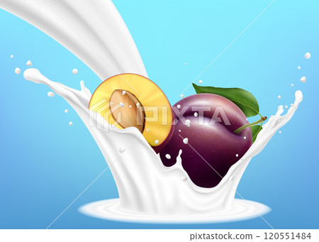 Purple plum with milk or yogurt splashes and drops. Plum in yogurt flow. Realistic 3d vector illustration, isolated on blue background. Ready to use for your design. 120551484