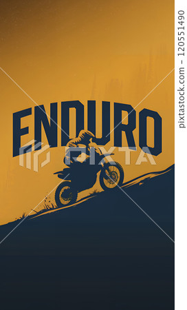 A logo with the text Enduro and silhouette of a person riding a motorcycle on a rugged terrain 120551490