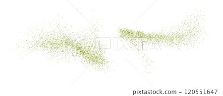 Flying matcha powder, dust particles in motion, green splashes isolated on white background. 120551647