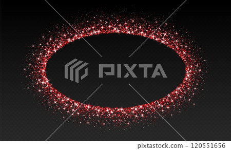 Red glitter frame, shimmering border in oval shape, festive holiday sparkles. Christmas decoration. 120551656