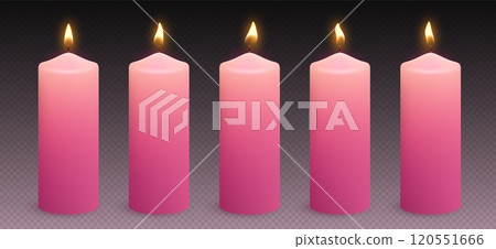 Wax candles with glowing light and flame variations. 120551666