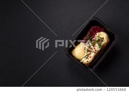 Delicious sweet brioche sandwich with raspberry jam and ricotta cream 120551668